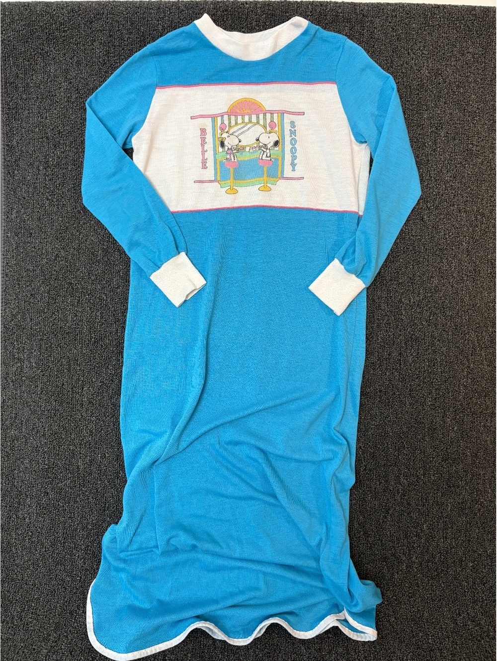 Vintage Blue and White Long Sleeve Nightgown with Snoopy and Belle Cartoon